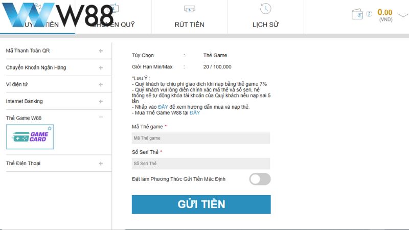 Gửi tiền W88 qua thẻ game Gui tien W88 qua the game