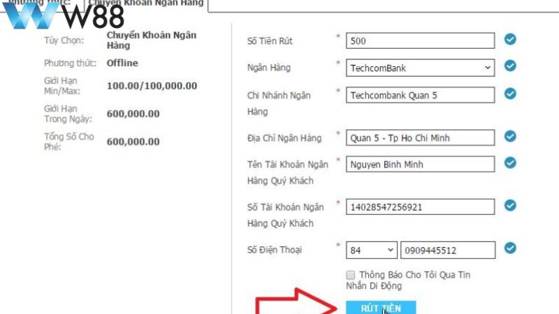 Thực hiện rút tiền W88 về tài khoản 