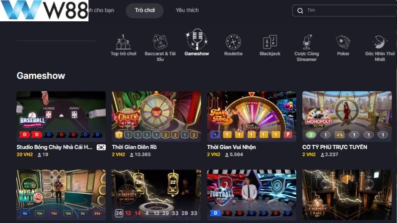 Trò chơi cá cược tại sảnh Evolution tại W88